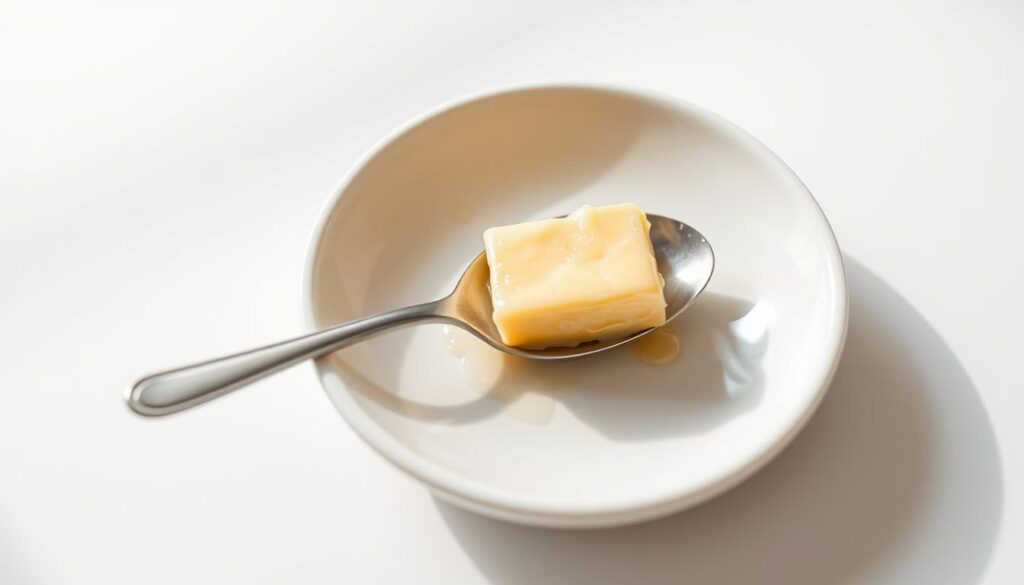 A close-up view of a single teaspoon of golden, creamy butter resting on a white ceramic dish. The butter glistens under soft, diffused lighting, casting subtle shadows. The dish is placed on a simple, minimalist background, allowing the rich texture and color of the butter to be the focal point. The image conveys a sense of simplicity, indulgence, and the essence of a basic but flavorful ingredient.