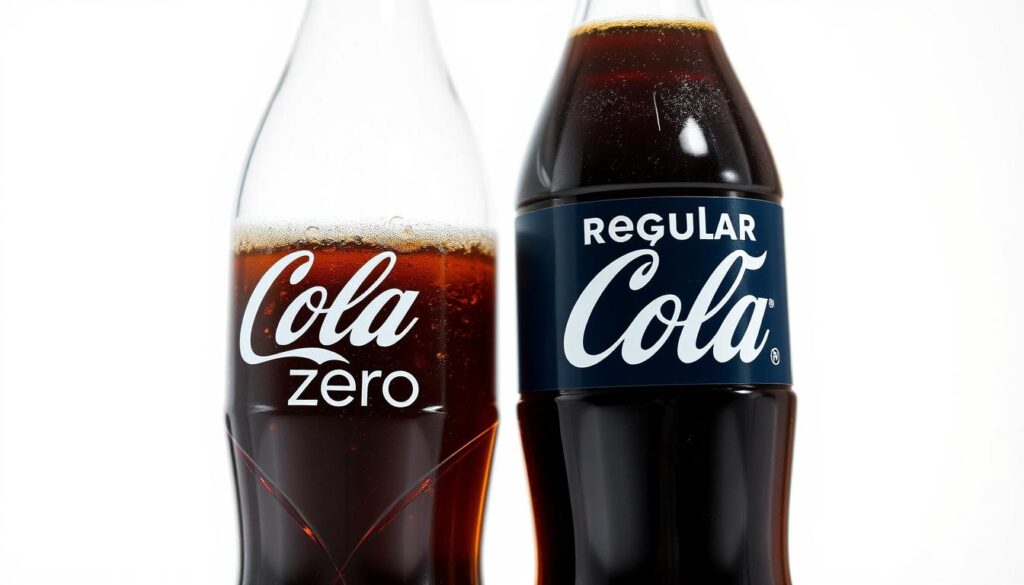 A closeup view of two glass bottles filled with clear, carbonated liquids, one labeled "Cola Zero" and the other "Regular Cola". The bottles are set against a plain white background, allowing the visual contrast between the two drinks to be the focal point. The lighting is soft and diffused, creating subtle highlights that accentuate the curves and textures of the bottles. The camera angle is slightly angled, providing a dynamic perspective that invites the viewer to examine and compare the caloric values of the two beverages. The overall atmosphere is clean, minimal, and visually striking, drawing attention to the key elements of the comparative illustration.