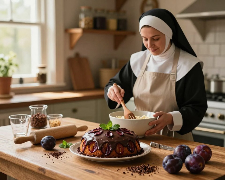A cozy kitchen scene featuring Sister Anastasia demonstrating her baking techniques. In the foreground, a wooden table is adorned with various baking tools, including a rolling pin, measuring cups, and fresh plums. Sister Anastasia, dressed in a modest, vintage apron, is joyfully mixing ingredients in a large bowl. In the middle, a freshly baked chocolate-covered plum cake is elegantly displayed, surrounded by decorative elements like sprigs of mint and chocolate shavings. The background shows warm, soft lighting filtering through a window, casting a gentle glow on the rustic kitchen, with shelves filled with jars of ingredients. The overall mood is inviting, cheerful, and filled with the spirit of home baking.