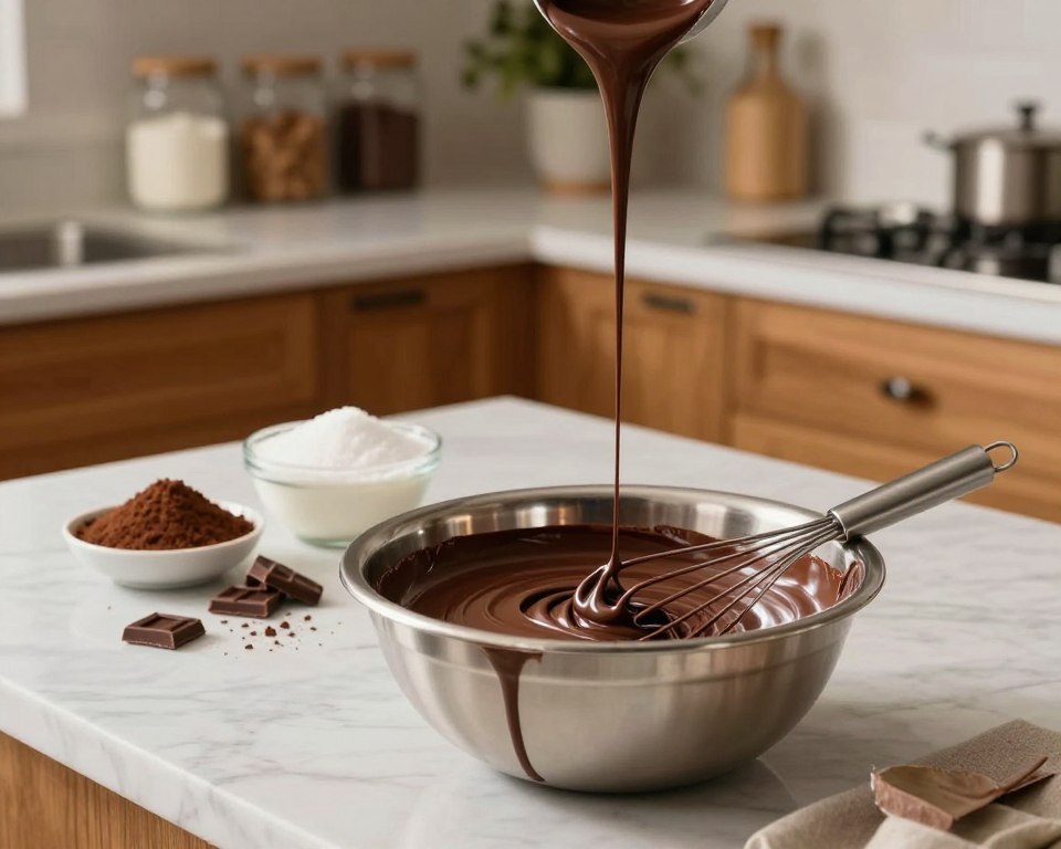 A cozy kitchen scene featuring the preparation of rich chocolate cream. In the foreground, a stainless steel bowl filled with glossy, dark chocolate ganache sits on a marble countertop, with a whisk resting beside it. Streams of melted chocolate cascade down the sides of the bowl, glistening under soft, warm light. In the middle ground, ingredients like cocoa powder, sugar, and heavy cream are tastefully arranged, with a few chocolate shavings scattered for an artisanal touch. The wooden cabinets in the background are adorned with jars of baking essentials and a potted plant, adding a touch of warmth. The atmosphere is inviting and homely, emphasizing the joy of creating the perfect chocolate cream with a focus on its silky texture.
