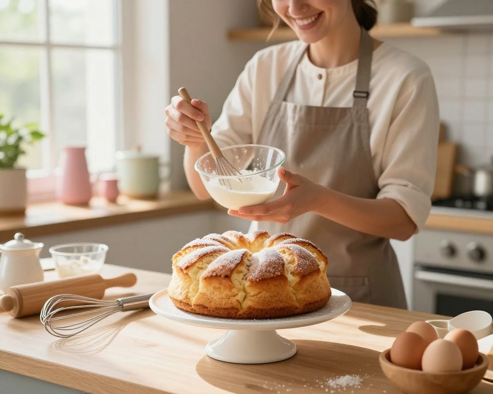 A cozy kitchen scene focused on the art of baking a fluffy angel food cake, symbolizing the tips for a successful bake. In the foreground, a beautifully decorated babka on a cake stand, surrounded by various baking tools like a whisk, measuring cups, and eggs. The middle layer features a baker in professional attire, carefully measuring ingredients with a warm smile, showcasing the joy of baking. In the background, a sunlit window casts soft light, illuminating pastel-colored kitchen accessories and a hint of greenery. The atmosphere is inviting and warm, evoking a sense of home and culinary creativity. Soft, natural lighting enhances the scene, creating a serene and delightful baking space. A cozy kitchen scene focused on the art of baking a fluffy angel food cake, symbolizing the tips for a successful bake. In the foreground, a beautifully decorated babka on a cake stand, surrounded by various baking tools like a whisk, measuring cups, and eggs. The middle layer features a baker in professional attire, carefully measuring ingredients with a warm smile, showcasing the joy of baking. In the background, a sunlit window casts soft light, illuminating pastel-colored kitchen accessories and a hint of greenery. The atmosphere is inviting and warm, evoking a sense of home and culinary creativity. Soft, natural lighting enhances the scene, creating a serene and delightful baking space.