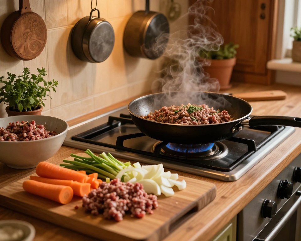 A cozy kitchen scene focused on the traditional preparation of "Pieczeń Rzymska" (Roman meatloaf). In the foreground, a wooden cutting board displays neatly chopped vegetables like carrots, onions, and garlic, alongside seasoned minced meat. A mixing bowl is partially visible, filled with juicy ground meat mixed with herbs. In the middle ground, a well-equipped stovetop shows a sizzling pan with meat browning, steam rising. The background features a rustic kitchen with warm wooden cabinets, pots hanging, and herbs in small pots. Soft, ambient lighting creates a homey atmosphere, with golden hues casting a warm glow, suggesting a sense of tradition and comfort. The angle captures the scene slightly from above, inviting viewers to observe the intricate preparation steps.