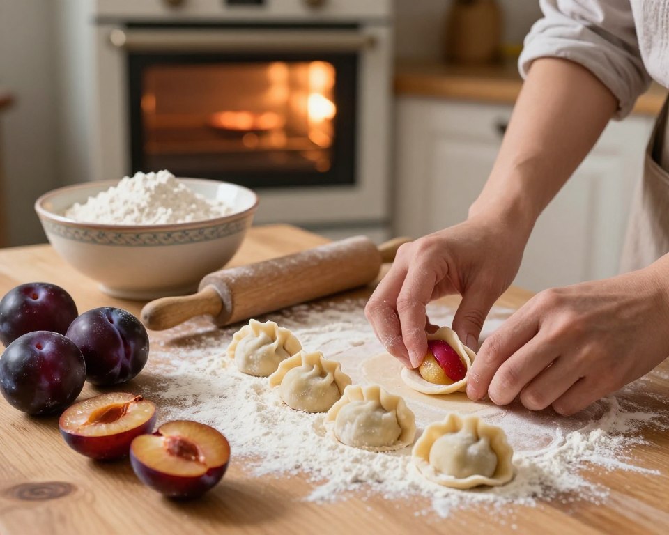 A cozy kitchen scene showcasing the practical preparation of "knedle ze śliwkami" (plum dumplings). In the foreground, a wooden table laden with fresh ingredients: ripe plums sliced open beside a bowl of dough, a dusting of flour spread across the surface. A pair of hands, modestly dressed, skillfully shapes the dumplings, each carefully filled with a piece of sweet plum. In the middle ground, a rolling pin rests next to a vintage ceramic bowl, filled with flour, while a warm, homey oven can be seen in the background, casting a gentle, inviting light across the scene. The atmosphere is warm and welcoming, evoking the nostalgia of home cooking. The composition captures a moment of culinary art, emphasizing the traditional, step-by-step process of making these delightful dumplings.