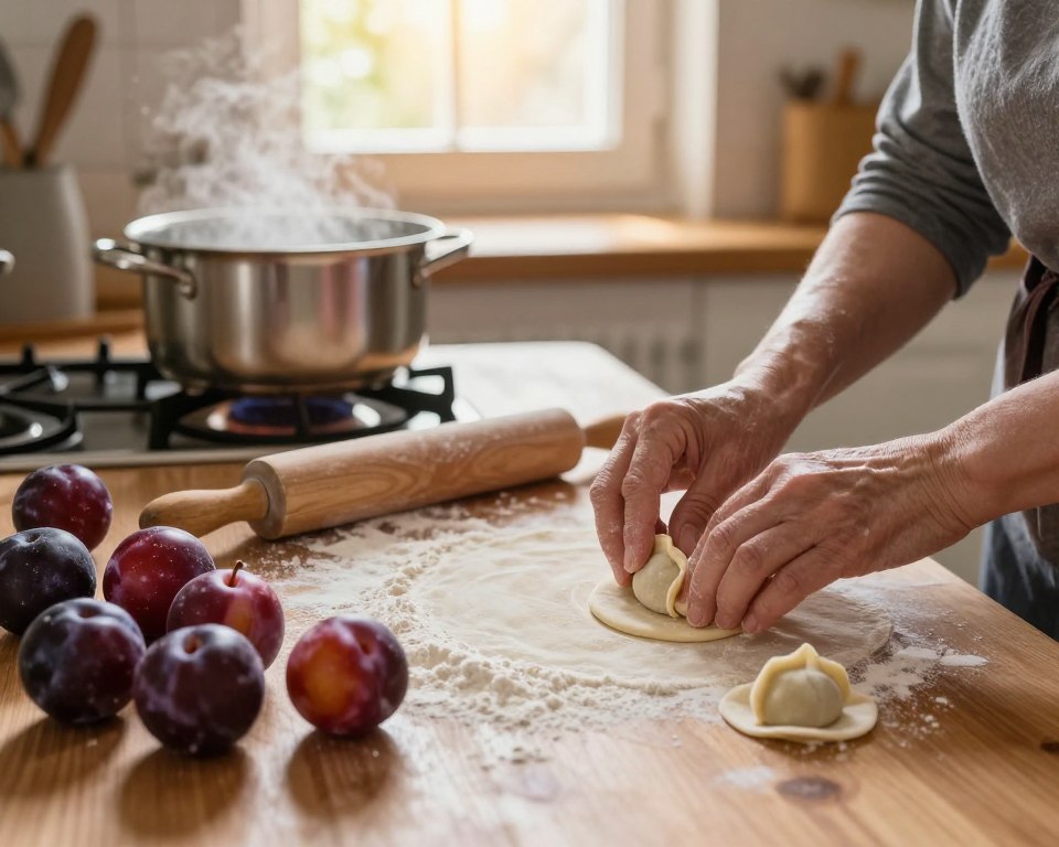A cozy kitchen scene showcasing the process of making traditional plum dumplings (knedle ze śliwkami). In the foreground, a wooden table is cluttered with fresh plums, flour, and rolling pins, with hands gently shaping the dumplings. The middle ground features a stove with a pot of boiling water, while a warm, inviting glow emanates from the window in the background, hinting at a sunny day outside. Soft, natural lighting enhances the textures of the ingredients and reflects the warm wooden tones of the kitchen. The atmosphere feels homely and nurturing, evoking the secrets and tips shared by Sister Anastazja for perfect dumplings. Focus on capturing details like the shimmer of the plums, the fluffiness of the dough, and the care in the preparation.