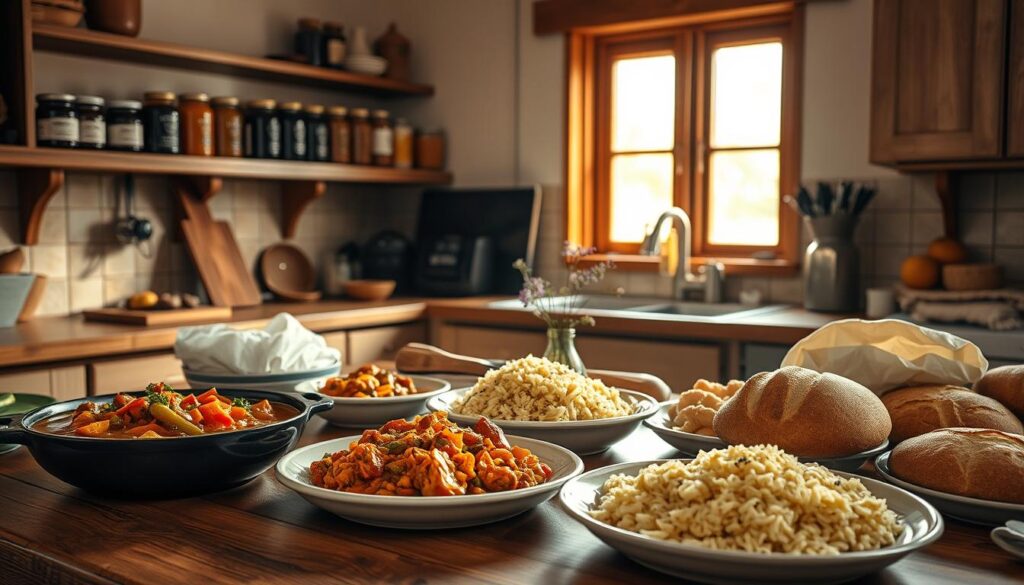 A cozy, rustic kitchen scene featuring an array of meatless meal recipes from Sister Anastasia's cookbook. In the foreground, a wooden table is set with various homemade dishes - hearty vegetable stews, fragrant rice pilaf, and freshly baked breads. Soft, diffused lighting from a large window illuminates the scene, casting a warm, inviting glow. In the middle ground, shelves display jars of preserves and aromatic spices, while a small vase of wildflowers adds a touch of natural beauty. The background features a tiled backsplash and simple, natural-toned cabinetry, conveying a sense of traditional, family-style cooking. An atmosphere of wholesome, comforting meals and cherished recipes permeates the image.