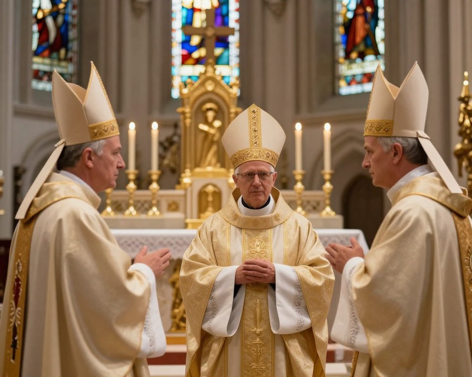 A distinguished scene depicting the hierarchy of bishops within the church, focusing on three bishops in the foreground, each wearing traditional robes and mitres, engaged in discussion. In the middle, an ornate altar adorned with candles and religious symbols, symbolizing authority and spirituality. In the background, stained glass windows casting soft, multi-colored light, enhancing the sanctity of the setting. The atmosphere is one of reverence and solemnity, with warm, golden lighting illuminating the figures, creating a holy ambiance. Use a slightly low angle to emphasize the bishops' stature, conveying their leadership within the church while maintaining a professional and respectful presentation. The image should evoke a sense of unity and authority, reflecting the role of bishops in their faith. A distinguished scene depicting the hierarchy of bishops within the church, focusing on three bishops in the foreground, each wearing traditional robes and mitres, engaged in discussion. In the middle, an ornate altar adorned with candles and religious symbols, symbolizing authority and spirituality. In the background, stained glass windows casting soft, multi-colored light, enhancing the sanctity of the setting. The atmosphere is one of reverence and solemnity, with warm, golden lighting illuminating the figures, creating a holy ambiance. Use a slightly low angle to emphasize the bishops' stature, conveying their leadership within the church while maintaining a professional and respectful presentation. The image should evoke a sense of unity and authority, reflecting the role of bishops in their faith.