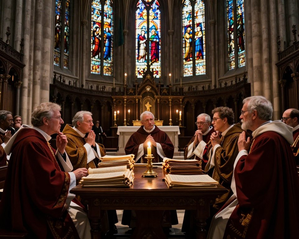 A dramatic and solemn scene inside an ancient cathedral during a theological council. In the foreground, a diverse group of dignified clerics and theologians in elegant robes, engaged in passionate discussion, their faces reflecting deep contemplation. The middle ground showcases ornate wooden tables stacked with scrolls and manuscripts, illuminated by flickering candlelight, casting warm glows and shadows. In the background, towering stained glass windows depicting significant biblical events, filtering vibrant colors into the dim space. The atmosphere is intense and contemplative, echoing centuries of theological debate and doctrinal disputes, emphasizing the significance of these historical gatherings. Use a wide-angle lens to capture the full grandeur of the cathedral interior, and focus on the interplay of light and shadow to enhance the mood of introspective debate.