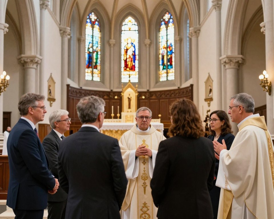 A gathering of clergy and laity in an ornate church interior, capturing a respectful dialogue about the role of laypeople in church councils. In the foreground, a diverse group of laypeople dressed in professional business attire engages attentively with a priest, who gestures emphatically while explaining a point. The middle ground shows a wooden altar adorned with religious symbols, and behind it, stained glass windows filter soft, colorful light into the space, creating an atmosphere of reverence and unity. The background features tall, vaulted ceilings and intricate architectural details, enhancing the sense of importance and tradition. The overall mood is collaborative and uplifting, symbolizing the increasing involvement of laypeople in ecclesiastical discussions. The perspective is slightly elevated, capturing both the grandeur of the setting and the intimate interaction.