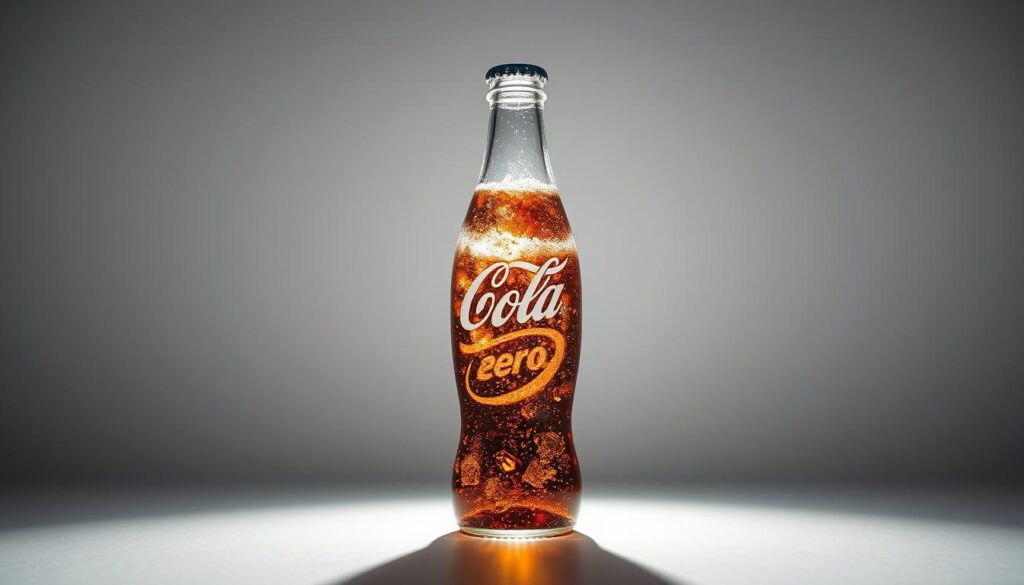 A glass bottle filled with translucent cola zero liquid, surrounded by a halo of white aspartame molecules. The bottle is illuminated from the side, casting dramatic shadows and highlights that accentuate its curvature. The background is a stark, minimalist white, keeping the focus solely on the bottle and its contents. The overall mood is one of clinical precision and scientific detachment, inviting the viewer to ponder the complex questions of safety and controversy surrounding this sugar-free sweetener.