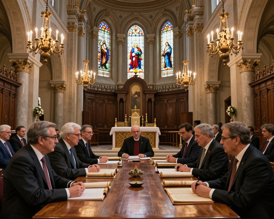 A grand and majestic interior view of the First and Second Ecumenical Councils, known as the Council of Nicaea and the Council of Chalcedon. In the foreground, a well-dressed group of clergy members in professional business attire, engaged in intense discussions, with scrolls and ancient texts scattered on a large wooden table. The middle ground features ornate wooden columns, intricately designed chandeliers casting a warm, inviting glow, and large stained glass windows depicting significant religious imagery. In the background, a richly decorated altar stands, adding depth to the scene. Soft beams of light filter through the windows, creating a contemplative atmosphere, evoking a sense of historical importance and unity within the Church. The perspective is wide-angle, emphasizing the grandeur of the setting and the solemnity of the moment.