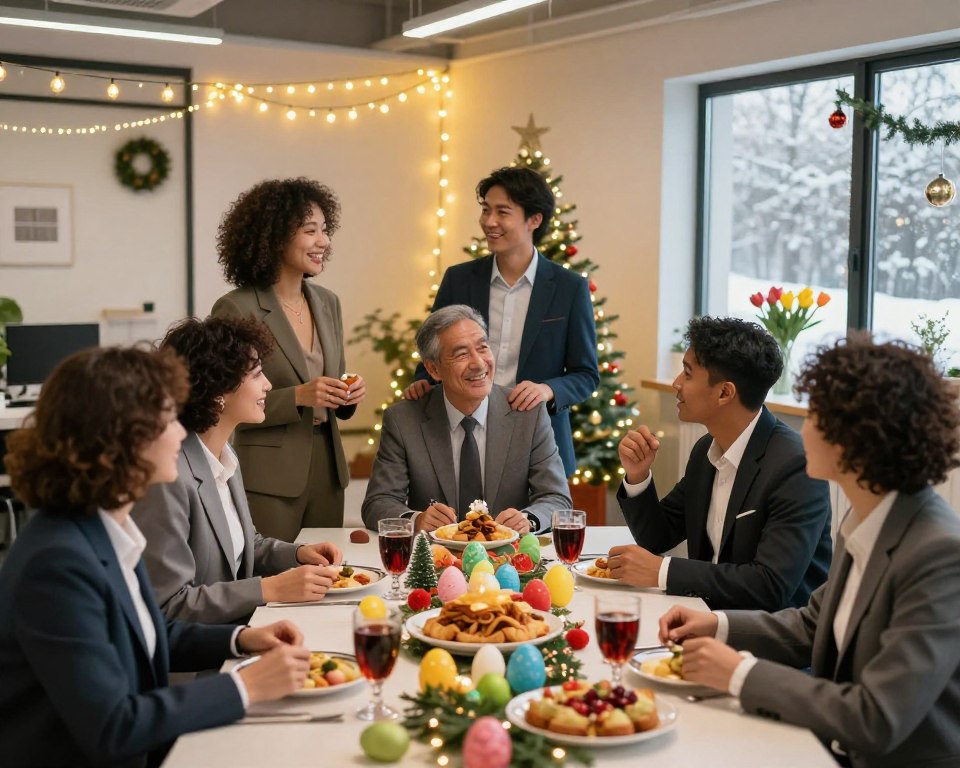 A harmonious workplace scene illustrating "equal treatment of employees" during festive times, like Christmas and Easter. In the foreground, diverse employees of various ethnicities (all dressed in professional business attire), engage in joyful discussions around a decorated table filled with traditional festive foods and colorful decorations. In the middle ground, an inclusive atmosphere is enhanced by a warm light from decorative string lights, casting a cozy glow. The background features a welcoming office environment with seasonal decorations and a window showing a snowy scene outside, suggesting Christmas, alongside vibrant spring flowers symbolizing Easter. The mood is celebratory and harmonious, reflecting unity and respect among colleagues as they share their holiday responsibilities together. The image conveys a sense of community and equality in the workplace.