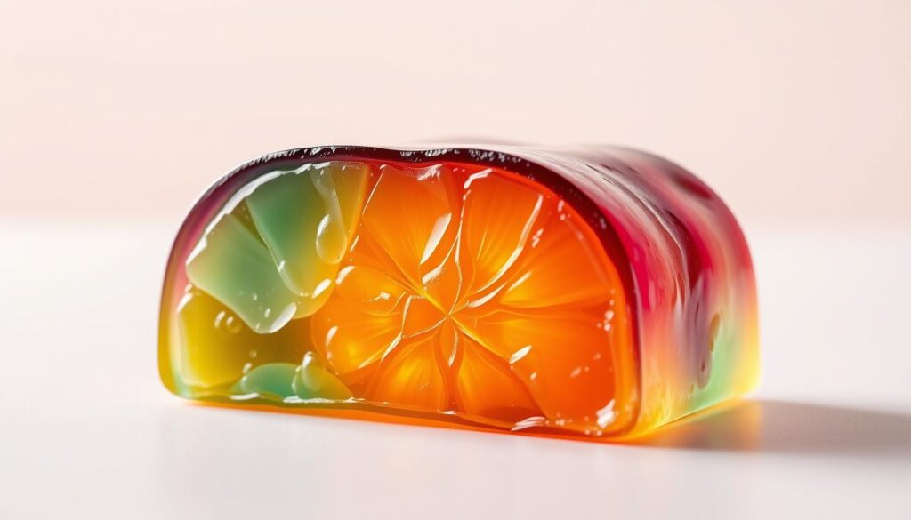 A high-quality, detailed photorealistic image of a cross-section of a vibrant, jewel-toned fruit jelly, showcasing its nutritional properties. The jelly should be presented on a clean, minimalist background, with a soft, warm lighting that highlights the translucent, glistening texture and the intricate layers of fruit pulp and natural gelatin. The image should convey a sense of wholesome, natural goodness, inviting the viewer to appreciate the nutritional value and health benefits of this delectable treat.