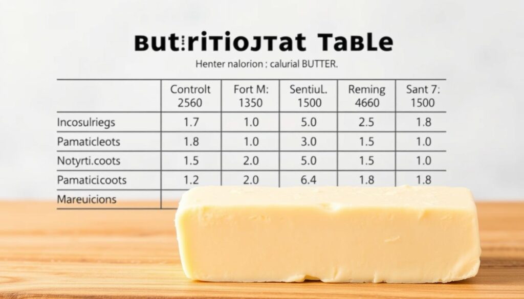 A high-quality nutritional information table for butter, showcasing its key nutritional values in a clean, modern design. The table is rendered in a soft, natural color palette with a matte finish, giving it a premium, editorial feel. The layout is well-organized, with clear typography and ample white space, making the data easy to read and understand. The overall composition conveys a sense of informative, health-conscious presentation suitable for an article on the caloric content and nutritional profile of butter.