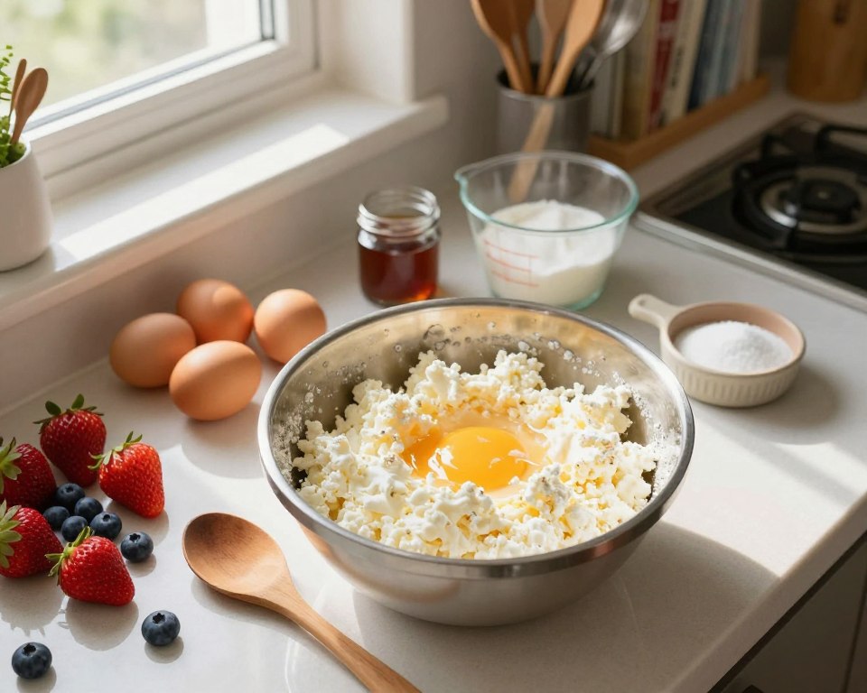 A kitchen countertop filled with ingredients for preparing cheese mixture, showcasing a mixing bowl filled with freshly blended white cheese, eggs, and sugar. In the foreground, a wooden spoon rests beside a colorful assortment of fresh fruits like strawberries and blueberries. The middle layer features a measuring cup and a small jar of vanilla extract, with soft sunlight streaming in from a window, creating a warm and inviting atmosphere. In the background, shelves lined with baking tools and cookbooks add depth to the scene. The overall mood is cozy and homely, emphasizing the joy of cooking. The image is well-lit to enhance the details of the textures and colors, all captured from a top-down angle to best illustrate the preparation process.