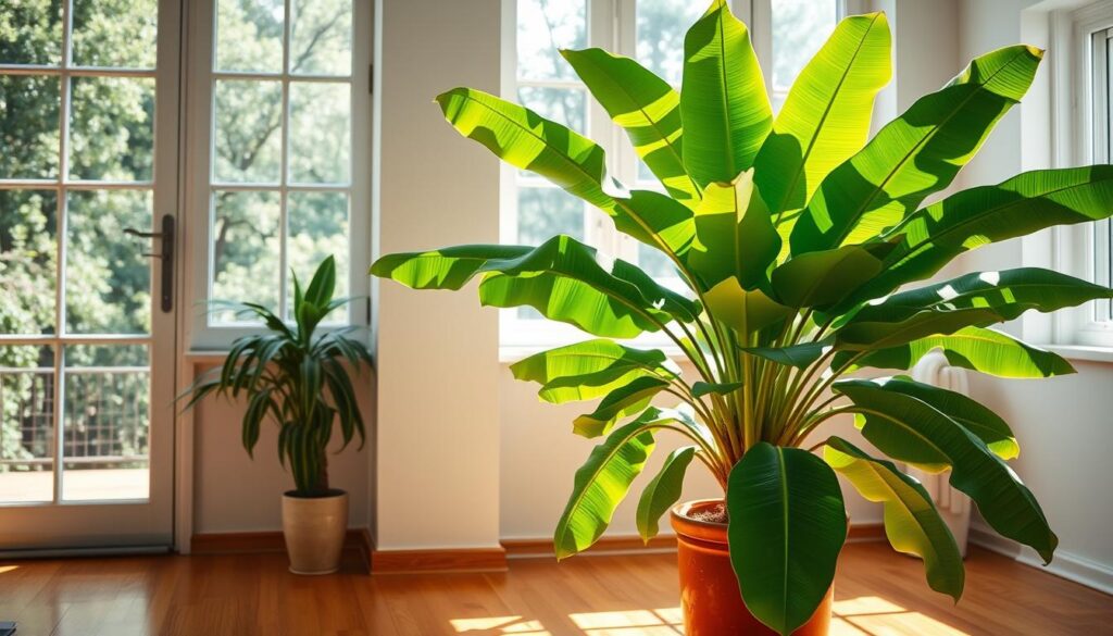 A lush, indoor Musa acuminata plant thriving in a sunlit, airy room. The banana tree's broad, vibrant green leaves fan out, casting dynamic shadows on the terracotta pot and warm, hardwood floor. Soft, natural lighting filters through large windows, illuminating the plant's graceful fronds and accentuating its tropical allure. The overall scene conveys a sense of tranquility and harmony, inviting the viewer to imagine caring for this captivating, low-maintenance houseplant. A lush, indoor Musa acuminata plant thriving in a sunlit, airy room. The banana tree's broad, vibrant green leaves fan out, casting dynamic shadows on the terracotta pot and warm, hardwood floor. Soft, natural lighting filters through large windows, illuminating the plant's graceful fronds and accentuating its tropical allure. The overall scene conveys a sense of tranquility and harmony, inviting the viewer to imagine caring for this captivating, low-maintenance houseplant.