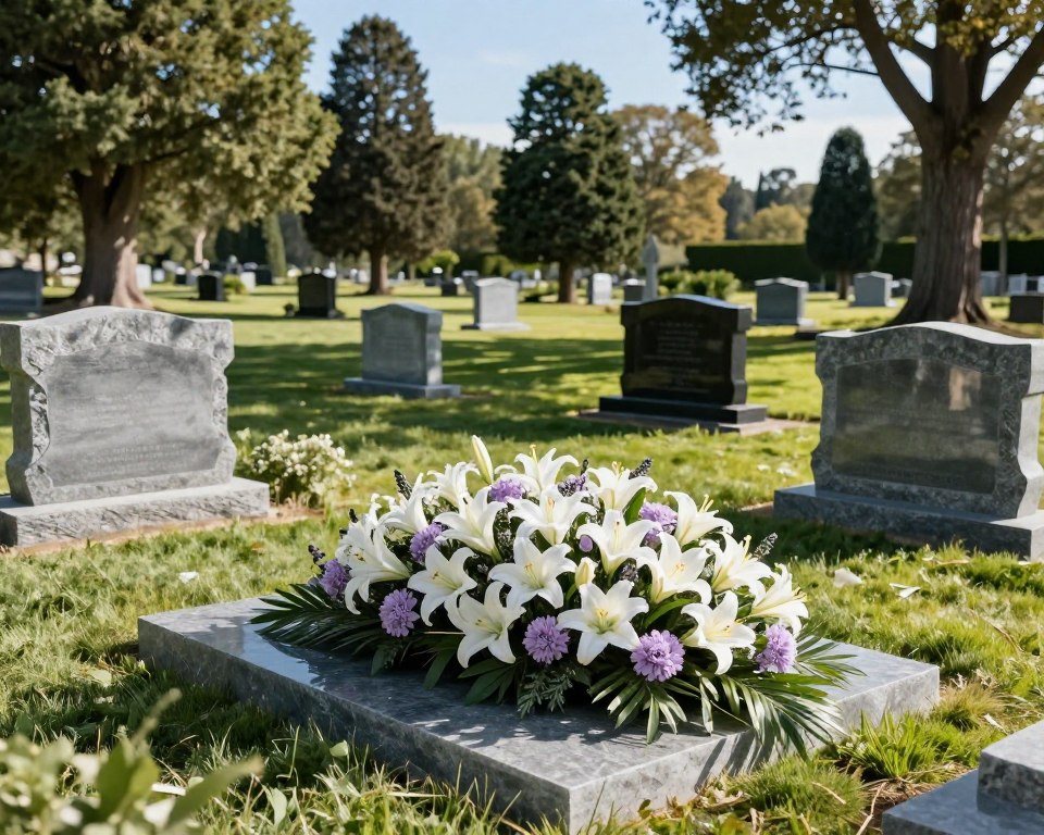 A modern cemetery arrangement featuring a sleek and artistic grave decoration. In the foreground, a beautifully designed floral centerpiece made of white lilies and soft lavender blossoms, creatively arranged with a mix of greenery. The middle space showcases polished stone grave markers, reflecting the sunlight, enhancing the serene atmosphere. In the background, a tranquil cemetery landscape with tall, mature trees and gently swaying grass under a bright blue sky. The scene is illuminated with natural sunlight, casting soft shadows to create a peaceful mood. The composition captures a contemporary approach to grave decorations, offering inspirations for modern cemetery arrangements.