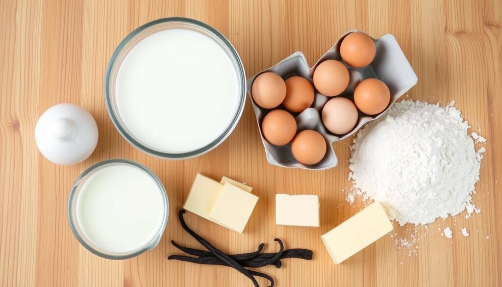 A neatly arranged still life showcasing the key ingredients for a mouthwatering buttermilk cake. Centered on a warm wooden surface, the scene features a large bowl of fresh buttermilk, delicate eggs in a carton, a pile of all-purpose flour in a measuring cup, a stick of creamy butter, and a handful of fragrant vanilla pods. Soft, even lighting highlights the natural textures and colors, creating an inviting and appetizing atmosphere. The composition is balanced and clean, allowing the high-quality ingredients to take center stage.