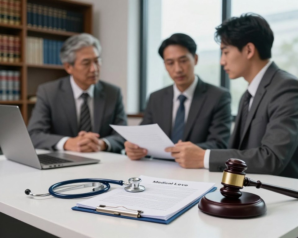 A professional setting depicting a legal office focused on medical leave documentation. In the foreground, a neatly organized desk with a stethoscope, a judge's gavel, and a file labeled "Medical Leave" is visible. In the middle ground, a diverse group of three professionals in business attire discusses amongst themselves, examining documents related to medical leave cases. The background features bookshelves filled with law books and a large window allowing soft daylight to illuminate the room, creating a calm and serious atmosphere. The focus is sharp on the desk while the group has a slightly blurred depth of field, adding a sense of depth. The mood is professional and contemplative, emphasizing the importance of legal rulings in health matters.