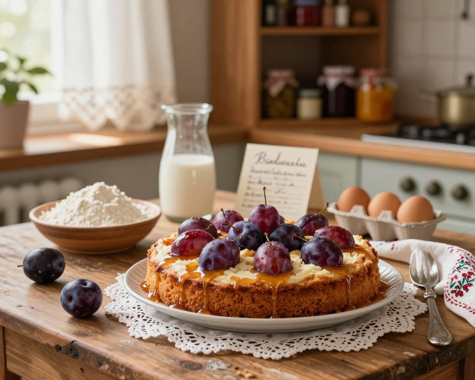 A rustic kitchen scene featuring a beautifully arranged traditional Polish dessert, Ciasto Pijana Śliwka, inspired by the recipe of Sister Anastasia. The foreground showcases the cake, garnished with fresh plums and a drizzle of syrup, placed on a vintage wooden table adorned with delicate lace. In the middle ground, various baking ingredients such as flour, eggs, and a handwritten recipe card evoke a sense of culinary history. The background highlights a warm and inviting kitchen setting with wooden shelves filled with jars of preserves and spices, soft sunlight filtering through lace curtains, creating a cozy atmosphere. The focus should be on the dessert, highlighting its rich textures and colors, while the overall mood is nostalgic and homely, reminiscent of cherished family traditions.