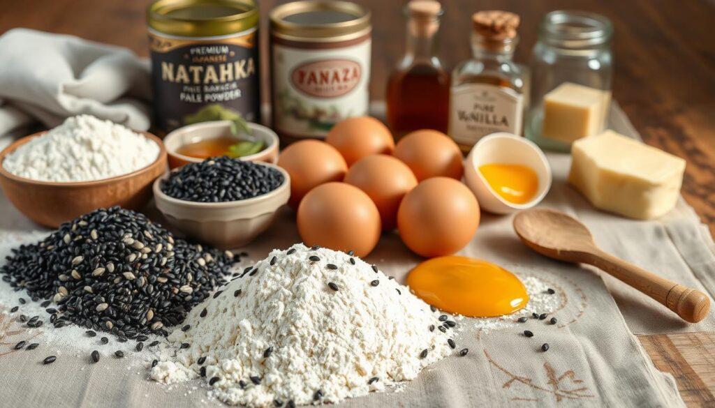 A rustic wooden table covered in a linen cloth, displaying an array of traditional Japanese baking ingredients for Anastazja's renowned Japanese pound cake. In the foreground, mounds of freshly milled flour, fragrant roasted black sesame seeds, and plump, glistening poppy seeds. Behind them, a small ceramic bowl of rich, amber honey and a tin of premium Japanese matcha powder. In the middle ground, a cluster of farm-fresh eggs, their warm, golden yolks exposed, and a wooden spoon for mixing. In the background, a glass jar of pure vanilla extract and a wedge of aromatic, pale-yellow butter. Soft, natural lighting filters in, casting a tranquil, artisanal ambiance over the carefully arranged ingredients.