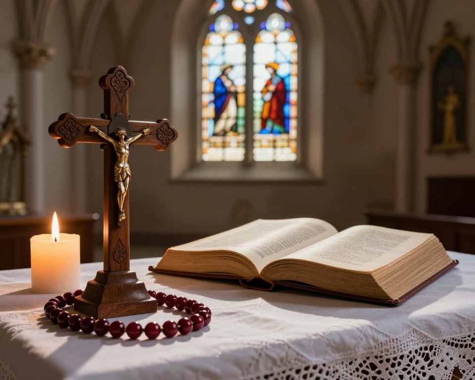 A serene Catholic altar scene symbolizing devotion, featuring a beautifully crafted wooden cross adorned with intricate carvings in the foreground. Soft, warm candlelight flickers to create a peaceful ambiance, highlighted by glossy red prayer beads draped over a white lace cloth. In the middle ground, a well-worn prayer book lies open, its pages gently illuminated by soft sunlight streaming in from an ornate stained glass window, casting colorful reflections on the altar. The background includes a subtle representation of a tranquil church interior with vaulted ceilings, enhancing the sacred atmosphere. The overall mood is reflective and reverent, inviting a sense of calm and contemplation, perfect for exploring the alternatives to superstitious practices. A serene Catholic altar scene symbolizing devotion, featuring a beautifully crafted wooden cross adorned with intricate carvings in the foreground. Soft, warm candlelight flickers to create a peaceful ambiance, highlighted by glossy red prayer beads draped over a white lace cloth. In the middle ground, a well-worn prayer book lies open, its pages gently illuminated by soft sunlight streaming in from an ornate stained glass window, casting colorful reflections on the altar. The background includes a subtle representation of a tranquil church interior with vaulted ceilings, enhancing the sacred atmosphere. The overall mood is reflective and reverent, inviting a sense of calm and contemplation, perfect for exploring the alternatives to superstitious practices.
