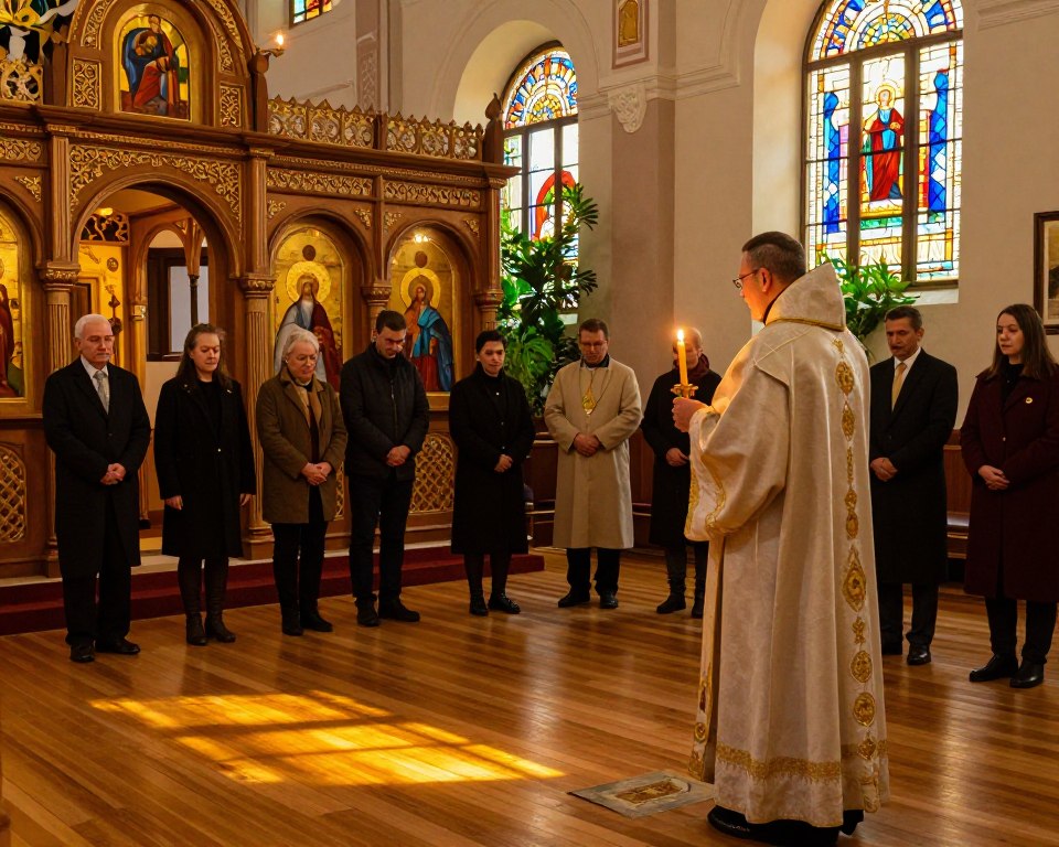 A serene Orthodox church interior, showcasing rich wooden icons and ornate decorations. In the foreground, a priest in modest traditional attire stands with an aura of reverence, holding a lit candle. The middle ground features parishioners engaged in quiet prayer, dressed in respectful, modest clothing. Soft, warm golden light filters through stained glass windows, casting a colorful glow on the polished wooden floors. In the background, lush greenery is visible through large arched windows, symbolizing hope and continuity. The atmosphere is reflective and tranquil, embodying the essence of Orthodox tradition while hinting at modernity through subtle contemporary touches in the architecture. The image captures the deep spirituality and enduring tradition within the Orthodox faith.