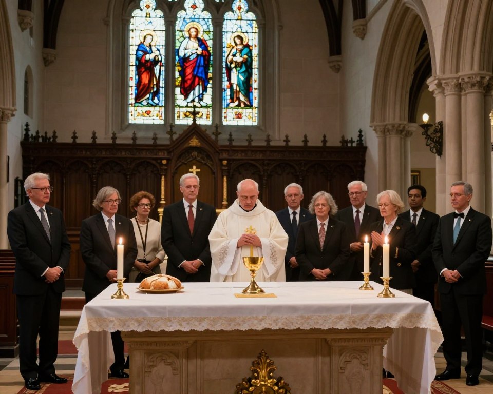 A serene and atmospheric depiction of Christian sacraments, highlighting the differences in their celebration within Anglicanism, Orthodoxy, and Catholicism. In the foreground, a simple yet elegant altar set up with symbolic items such as a chalice, bread, and candles, lit softly to create a warm glow. The middle ground features a diverse group of individuals dressed in professional business attire, engaged in a ceremonial act, reflecting unity and reverence. They stand in a historic church interior, adorned with stained glass windows showcasing biblical scenes, bathing the scene in colorful light. The background reveals arches and detailed woodwork that convey a sense of tradition and spirituality. The mood is contemplative and respectful, with gentle, diffused lighting enhancing the sacred atmosphere. A serene and atmospheric depiction of Christian sacraments, highlighting the differences in their celebration within Anglicanism, Orthodoxy, and Catholicism. In the foreground, a simple yet elegant altar set up with symbolic items such as a chalice, bread, and candles, lit softly to create a warm glow. The middle ground features a diverse group of individuals dressed in professional business attire, engaged in a ceremonial act, reflecting unity and reverence. They stand in a historic church interior, adorned with stained glass windows showcasing biblical scenes, bathing the scene in colorful light. The background reveals arches and detailed woodwork that convey a sense of tradition and spirituality. The mood is contemplative and respectful, with gentle, diffused lighting enhancing the sacred atmosphere.