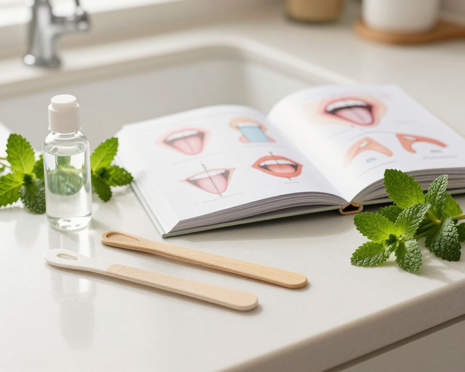 A serene and clean kitchen countertop set against a bright, airy background. In the foreground, a set of practical tools for cleaning the tongue, such as a tongue scraper and natural mouthwash bottles, are artistically arranged. The middle ground features an open guidebook with illustrations of tongue cleaning methods, surrounded by fresh herbs like mint and parsley, symbolizing freshness and purification. Soft, warm lighting illuminates the scene, creating an inviting and peaceful atmosphere. The angle is slightly elevated, allowing the viewer to focus on the tools and the guidebook, enhancing a sense of wellness and hygiene. No people are present, ensuring a clean and unobtrusive image.