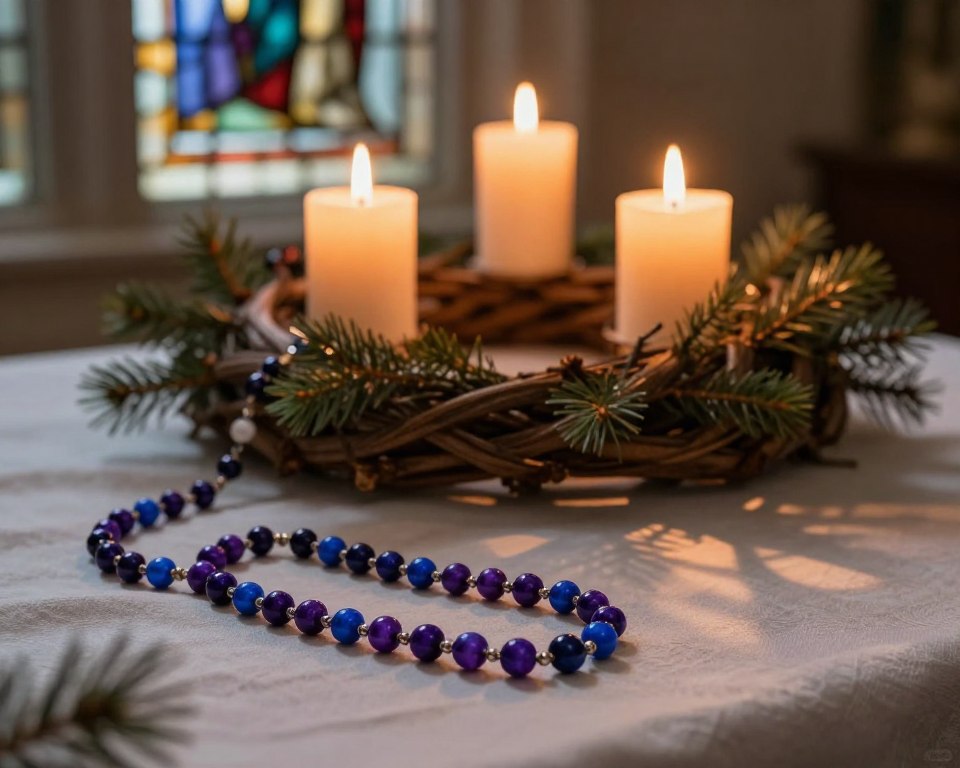 A serene and contemplative scene depicting a beautifully arranged Advent Rosary, intricately designed with deep shades of purple and cobalt blue beads, resting on a softly textured cloth. In the foreground, the rosary is gently illuminated by warm candlelight, casting flickering shadows that evoke a sense of peace and spirituality. The middle ground features a simple wooden Advent wreath adorned with four candles, three lit and one unlit, surrounded by evergreen branches, symbolizing hope and anticipation. In the background, a soft-focus stained glass window filters in colorful light, creating a tranquil religious ambiance. The overall mood is one of reflection, spirituality, and the deep connection of faith during the Advent season, captured in soft, warm tones.
