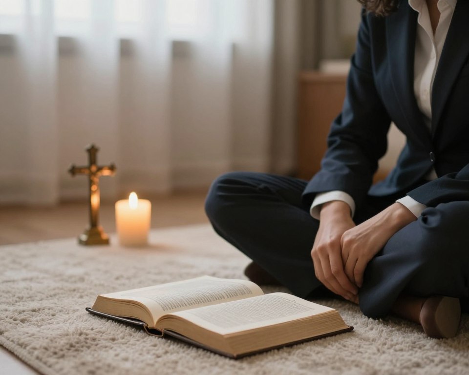 A serene and contemplative setting depicting the moral aspects of orgasm within a religious context. In the foreground, a thoughtful figure in professional business attire, sitting cross-legged on a soft, neutral-toned rug, gazes at an open book with religious texts. The middle ground features a softly glowing candle and a small, ornate cross, symbolizing introspection and faith. The background is a tranquil room with gentle, warm lighting filtering through sheer curtains, creating an inviting atmosphere. The mood is peaceful and reflective, evoking a sense of moral contemplation. Use a shallow depth of field to focus on the figure and the book, while keeping the background softly blurred.