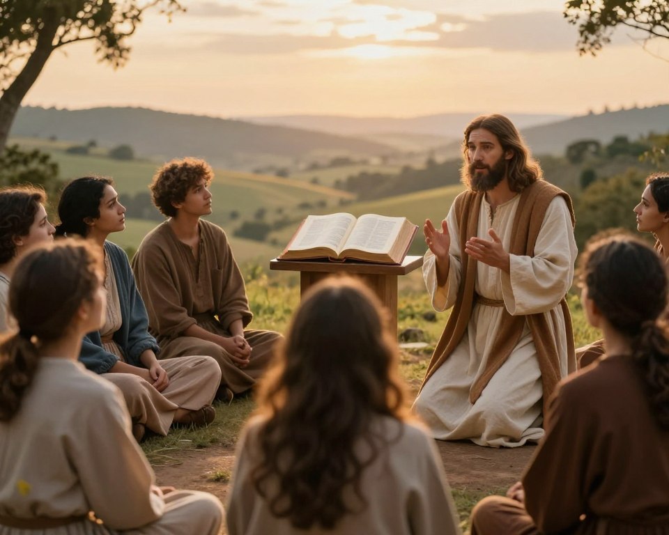 A serene and educational scene illustrating the significance of parables in Jesus' teachings. In the foreground, a diverse group of individuals, dressed in modest contemporary clothing, listens intently to a wise, middle-aged man with a beard, portraying Jesus, as he passionately recounts a parable. The middle ground features an open book on a pedestal, symbolizing the Bible, surrounded by soft, glowing light that highlights its importance. In the background, a picturesque landscape of rolling hills and a tranquil sky creates a peaceful and reflective atmosphere. The overall mood is one of inspiration and enlightenment, with warm golden hues enhancing the scene. Soft natural lighting illuminates the characters, capturing their expressions of curiosity and understanding.