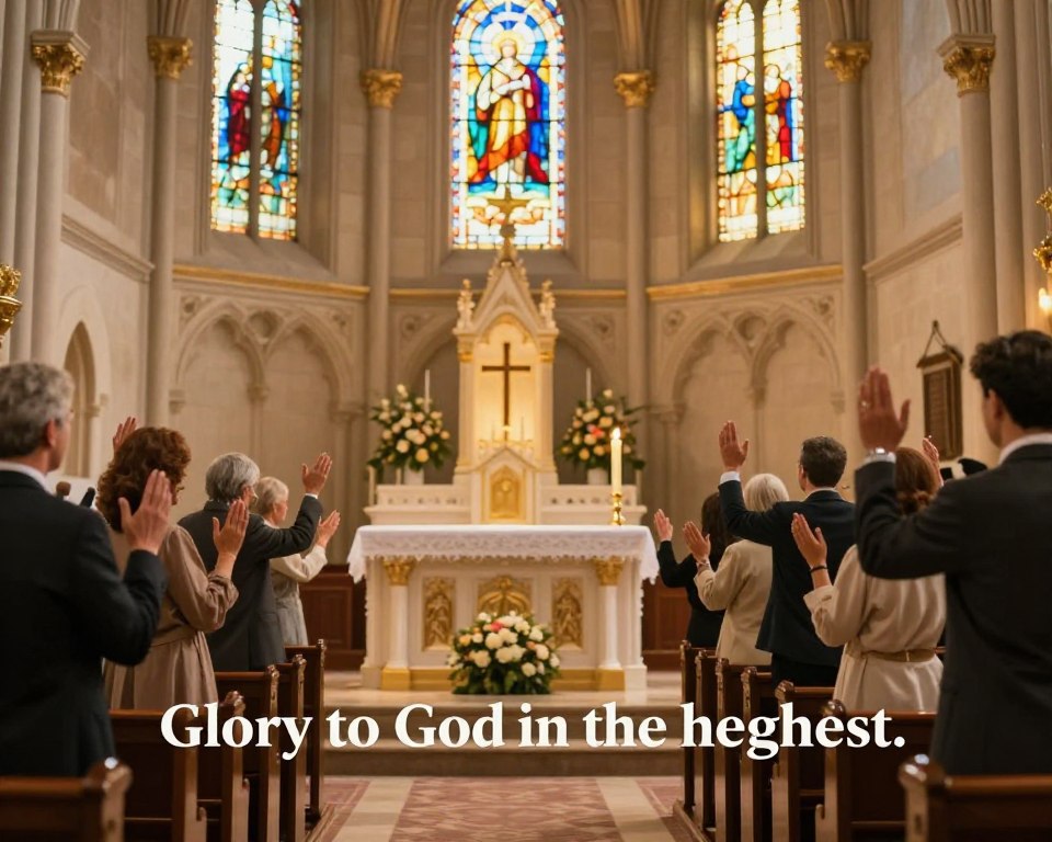 A serene and uplifting church interior during a worship service, filled with warm, golden light streaming through stained glass windows. In the foreground, a diverse group of worshippers in professional business attire and modest casual clothing stands in prayer, their hands raised high in reverence. The middle layer features a beautifully decorated altar with a lit candle and floral arrangements, creating a focal point of devotion. The background shows an ornate cross and elegant church architecture, enhancing the atmosphere of spiritual elevation. Capture the moment with a soft focus, evoking a sense of peace and harmony. The overall mood is one of joy, reverence, and communal hymn singing, embodying the essence of "Glory to God in the highest."