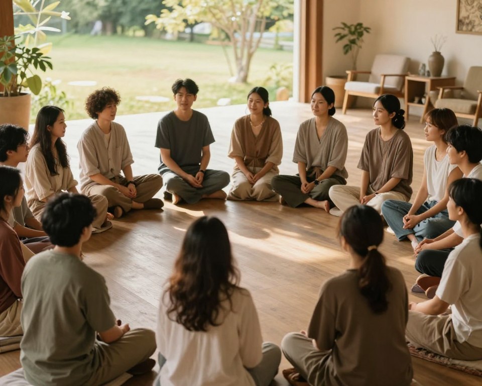 A serene and uplifting scene depicting a spiritual support gathering led by community animators. In the foreground, a diverse group of individuals, dressed in modest casual clothing, engage in an open circle, exchanging ideas and encouragement. The middle ground features a tranquil setting, perhaps a sunlit park or a cozy indoor space, with soft, warm lighting enhancing the sense of togetherness. Background elements include nature’s beauty or gently arranged chairs, creating a welcoming atmosphere. The angle is slightly elevated, allowing a birds-eye view of the interaction. The mood is reflective and supportive, with expressions of empathy and connection clearly visible on the participants’ faces, emphasizing the essential role of animators in fostering spiritual growth.