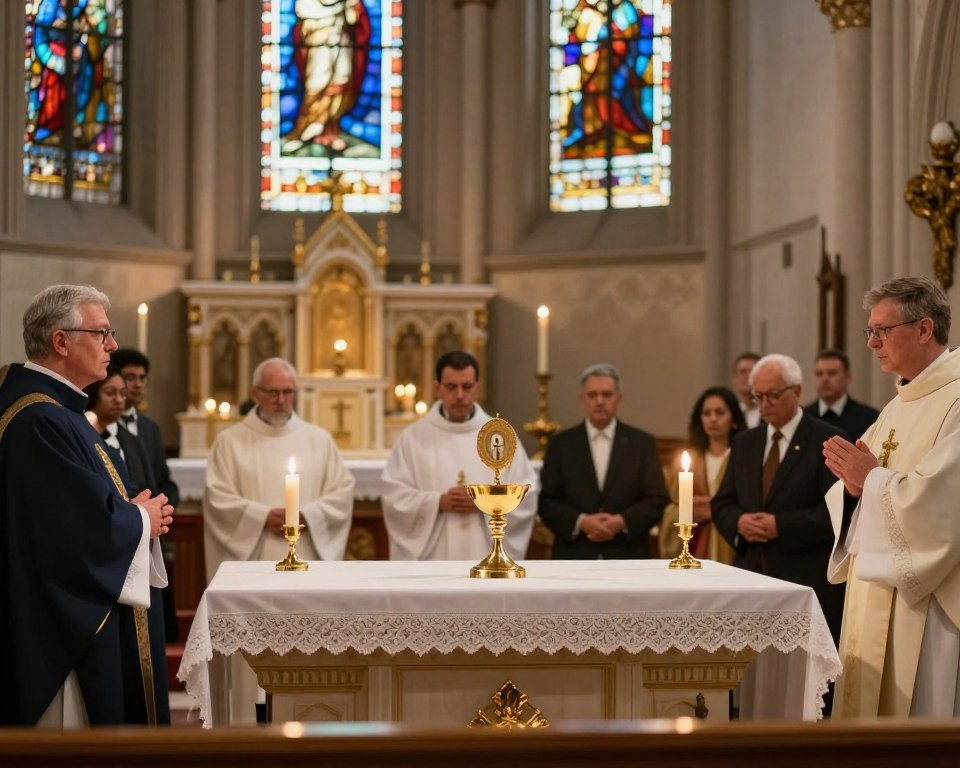 A serene church interior during the Eucharistic Prayer, featuring a beautifully decorated altar with a golden chalice and paten, symbolizing the body and blood of Christ. In the foreground, a diverse group of clergy in modest professional attire stand in prayer, their faces reflecting deep devotion. The middle ground showcases an ornate altar, adorned with white linens and gentle candlelight casting a warm glow, contributing to the sacred atmosphere. In the background, stained glass windows filter in soft, colorful light, creating an ethereal effect. The scene is warmly lit, emphasizing spiritual reverence and intimacy. Shot from a low angle, capturing the essence of the moment and drawing viewers into the holy mystery of Christ's presence.