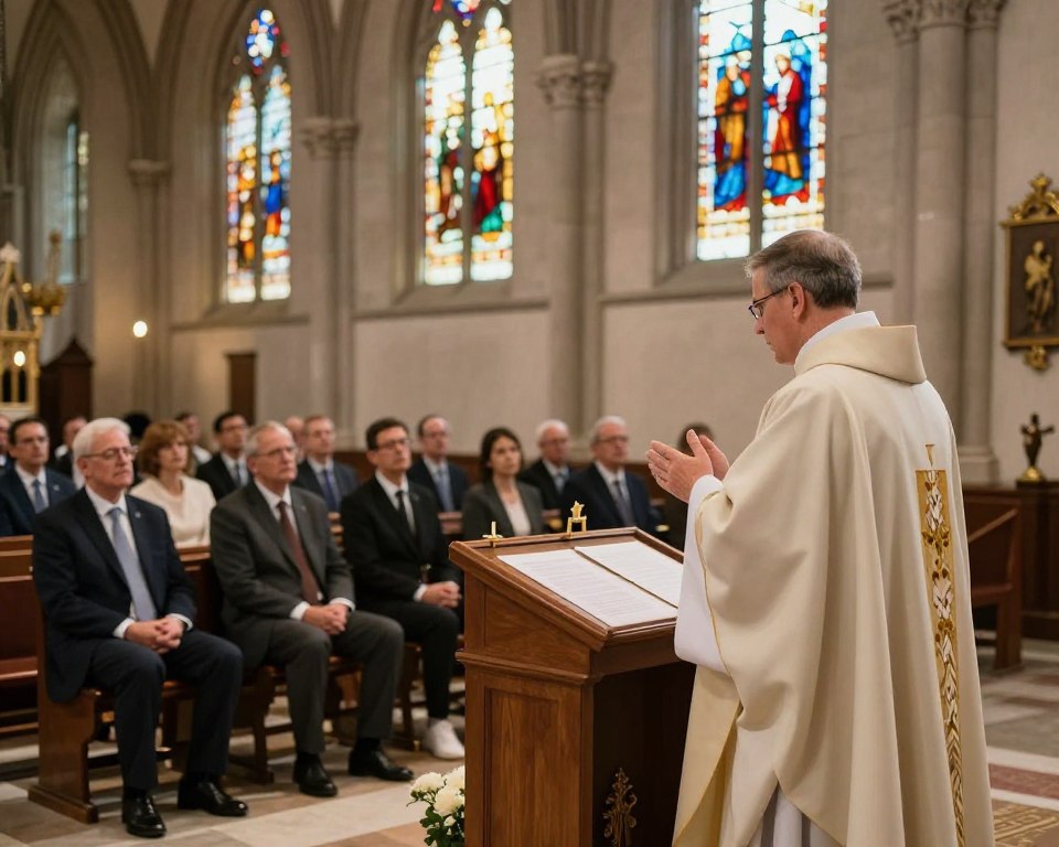 A serene church interior, embodying the teachings of the Catholic Church regarding sin, particularly focusing on the concept of cursing. In the foreground, a respectful, modestly dressed clergy member stands at a pulpit, gesturing thoughtfully as if delivering a sermon. The middle ground features gathered parishioners, shown in professional business attire, listening attentively with expressions of contemplation. The background reveals stained glass windows casting colorful light across the scene, enhancing the spiritual atmosphere. Soft, warm lighting highlights the solemnity of the moment, while a wide-angle lens captures the overall grandeur of the church setting. The mood is reflective and reverent, inviting viewers to ponder the weight of the topic discussed.