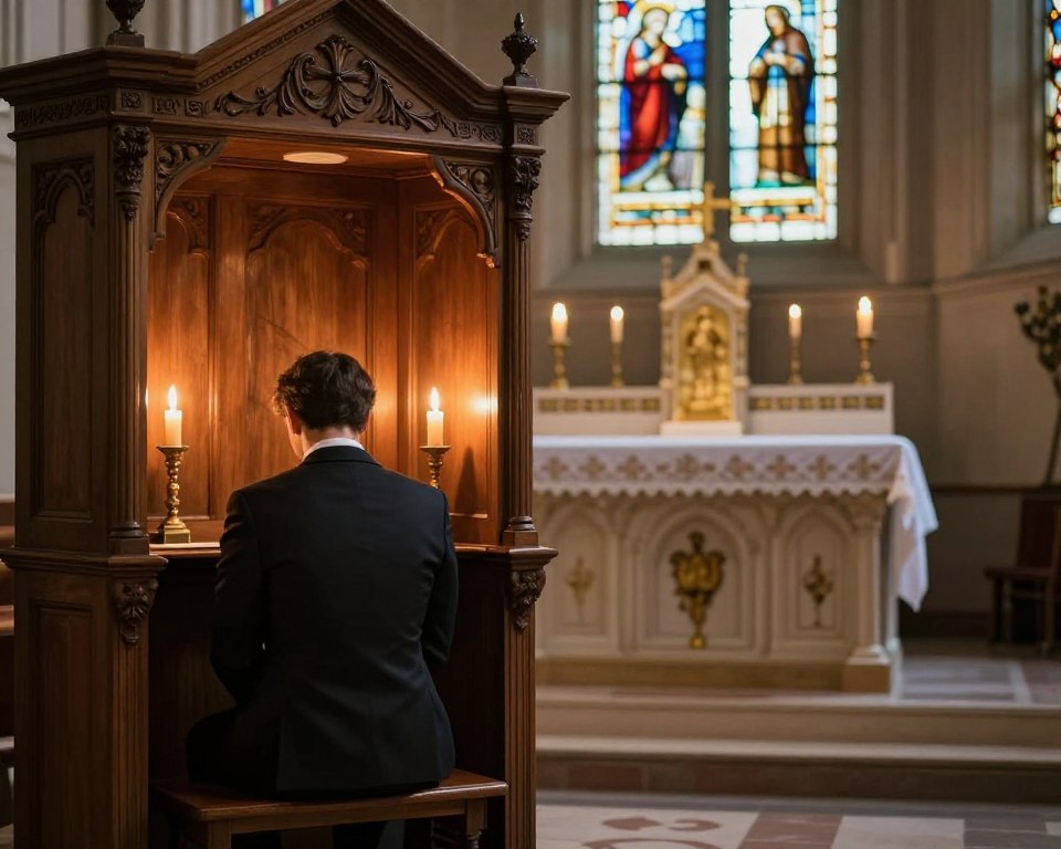A serene confessional setting, featuring a wooden confessional booth with intricate carvings, softly lit by warm candlelight. In the foreground, a figure in professional business attire sits in prayer, reflecting a sense of contemplation and repentance. The middle ground showcases a softly illuminated altar adorned with religious symbols, creating an atmosphere of introspection. In the background, gently blurred stained glass windows filter colorful light across the scene, enhancing the mood of sanctuary and reflection. The overall ambiance is peaceful and solemn, evoking a deep sense of spirituality and the importance of confession in personal redemption, focusing on themes of sexuality and morality discreetly.