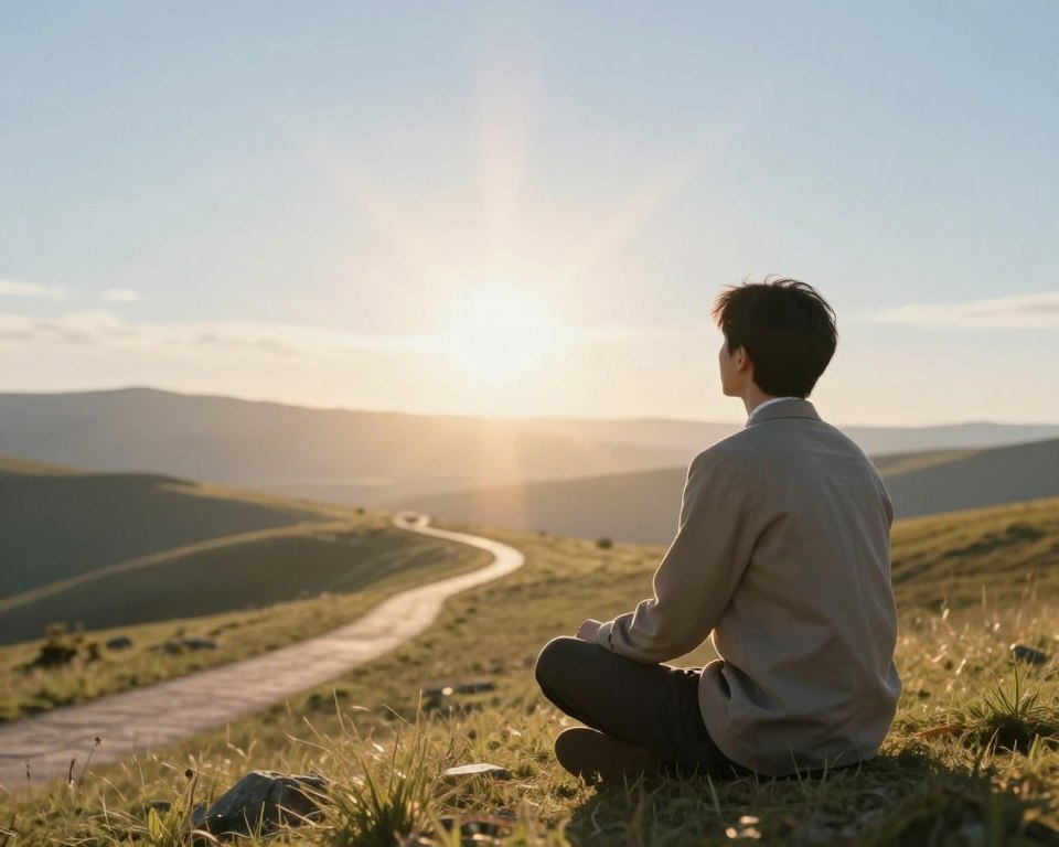 A serene, contemplative scene depicting the significance of sin in spiritual life. In the foreground, a thoughtful person dressed in modest, professional attire sits cross-legged on a gentle hill, gazing into the distance, embodying self-reflection. The middle ground features a winding path leading towards a radiant, ethereal light, representing enlightenment and understanding of morality. The background showcases a tranquil landscape with soft hills and a clear, luminous sky, enhancing the atmosphere of peace and introspection. The lighting is warm and inviting, creating a sense of hope and redemption. The composition should have a balanced perspective, drawing the viewer’s eye from the thoughtful individual to the path of enlightenment, evoking a mood of contemplation and spiritual growth.