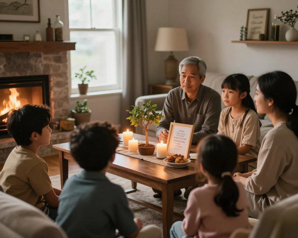 A serene family gathering in a cozy living room, with a warm glow from a fireplace creating inviting shadows. In the foreground, a diverse family of four is engaged in thoughtful discussion, showcasing emotions of connection and intention. The middle ground features a beautifully decorated table with symbols representing personal and family intentions, such as candles, a small family tree, and meaningful quotes framed elegantly. The background reveals a soft-focus window with gentle daylight streaming in, illuminating the room and enhancing the atmosphere of warmth and togetherness. Aim for a soft, natural lighting effect with a lens angle that captures the intimate setting, creating a mood of reflection and unity.