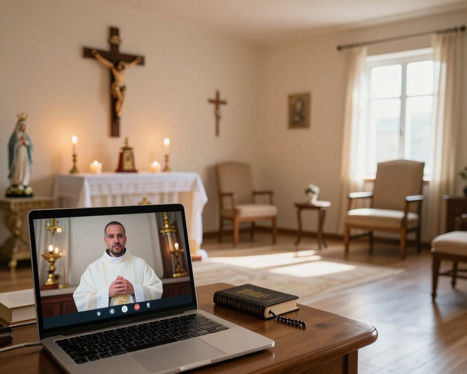 A serene indoor setting depicting a virtual Mass being celebrated online. In the foreground, a laptop is open, displaying a priest in a traditional white vestment, with a small altar lit softly by candles. The middle ground features a cozy room adorned with religious symbols such as a crucifix and a small statue of the Virgin Mary. Soft morning light filters through a nearby window, creating a warm and inviting atmosphere. The background shows a neatly arranged prayer space with a comfortable chair and a small table holding a Bible and rosary. The mood is peaceful and reverent, capturing the essence of participating in Mass remotely. Use a wide-angle lens perspective to emphasize the circular flow of the space and create depth.