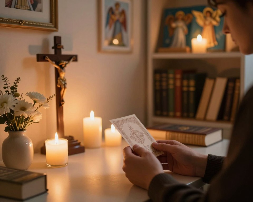 A serene indoor space dedicated to prayer, featuring an intimate prayer table adorned with several lit candles casting a warm glow. In the foreground, a pair of hands gently holds a small, ornate prayer card, symbolizing intentional prayer. In the middle ground, a softly illuminated crucifix and a small vase of fresh flowers enhance the spiritual ambiance. The background reveals shelves lined with religious texts and peaceful artwork depicting archangels, creating a sense of tranquility. The lighting is soft and inviting, creating a contemplative mood, capturing the essence of faith and devotion. The atmosphere is calm and reflective, inviting viewers to connect with the theme of intentional prayer benefits according to the faithful's experiences.