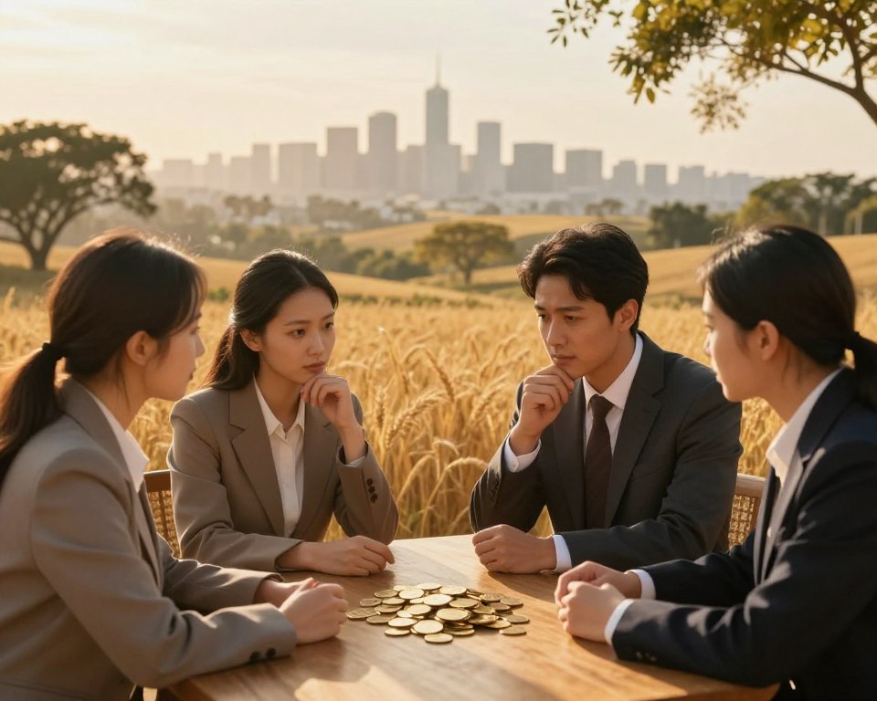 A serene landscape depicting a biblical scene inspired by the Parable of the Talents. In the foreground, three figures in professional attire, a man and two women, represent the various responses to the gifts they've received. They are shown thoughtfully discussing golden coins, which glimmer softly in the light. In the middle ground, a harvest scene with fields of grain and trees symbolizes opportunity and potential. The background features a distant, hazy city skyline, suggesting growth and aspiration. Warm, golden sunlight bathes the scene, creating an inviting atmosphere while casting gentle shadows. The image should evoke a sense of contemplation and moral reflection, capturing the essence of personal responsibility and faithfulness in stewardship.