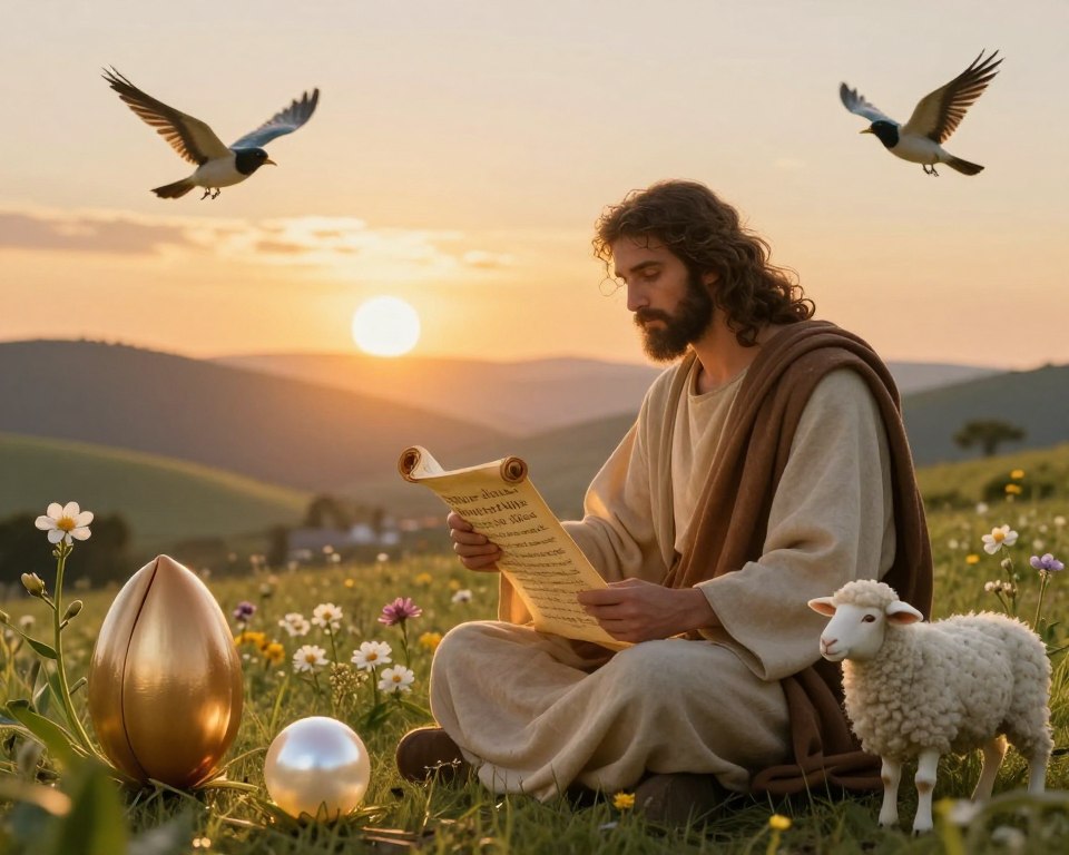 A serene landscape depicting a vibrant biblical allegory scene. In the foreground, a wise figure dressed in modest attire symbolizes understanding, holding an open scroll that radiates soft golden light. Surrounding them are symbols like a mustard seed, a pearl, and a lost sheep, intricately designed to highlight their significance in parables. In the middle ground, blooming flowers symbolize growth, while birds in the sky represent freedom and divine messages. The background features a tranquil setting with rolling hills under a warm, golden sunset that casts a soft glow, evoking a sense of peace and reflection. The overall mood is contemplative and inspiring, inviting viewers to delve into the rich symbolism of biblical teachings.