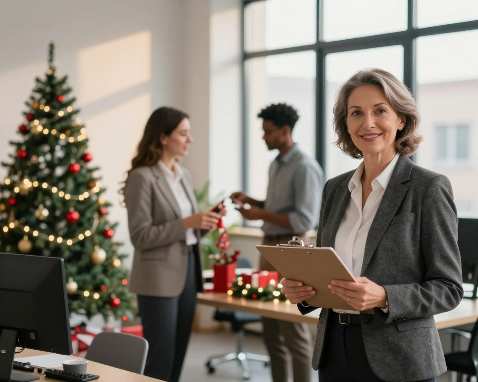 A serene office environment during the holiday season, depicting a diverse group of professionals dressed in smart business attire. In the foreground, a middle-aged woman, smiling and holding a clipboard, represents a supervisor overseeing holiday shifts. In the middle, two employees, one Caucasian and one Hispanic, are engaged in a friendly discussion while organizing festive decorations. In the background, a soft glow of holiday lights enhances the warm atmosphere, with a decorated Christmas tree and colorful ornaments visible. Soft, natural lighting filters through large windows, casting gentle shadows and creating an inviting ambiance. The overall mood is one of collaboration, respect for workers' rights, and the balance between holiday spirit and professional obligations.