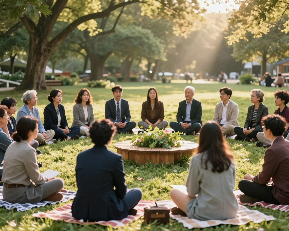 A serene outdoor gathering representing a retreat and community formation. In the foreground, a diverse group of individuals, dressed in professional business attire and modest casual clothing, engage in deep discussions while seated on picnic blankets. In the middle, a small wooden platform adorned with greenery serves as a space for sharing thoughts, with attentive listeners nearby. In the background, lush trees and soft sunlight streaming through, creating a warm, inviting atmosphere. The scene conveys a sense of cooperation and spiritual growth, with gentle rays of light enhancing the feeling of connection and introspection. The composition captures a harmonious blend of nature and human interaction, emphasizing the significance of community and formation in personal development.