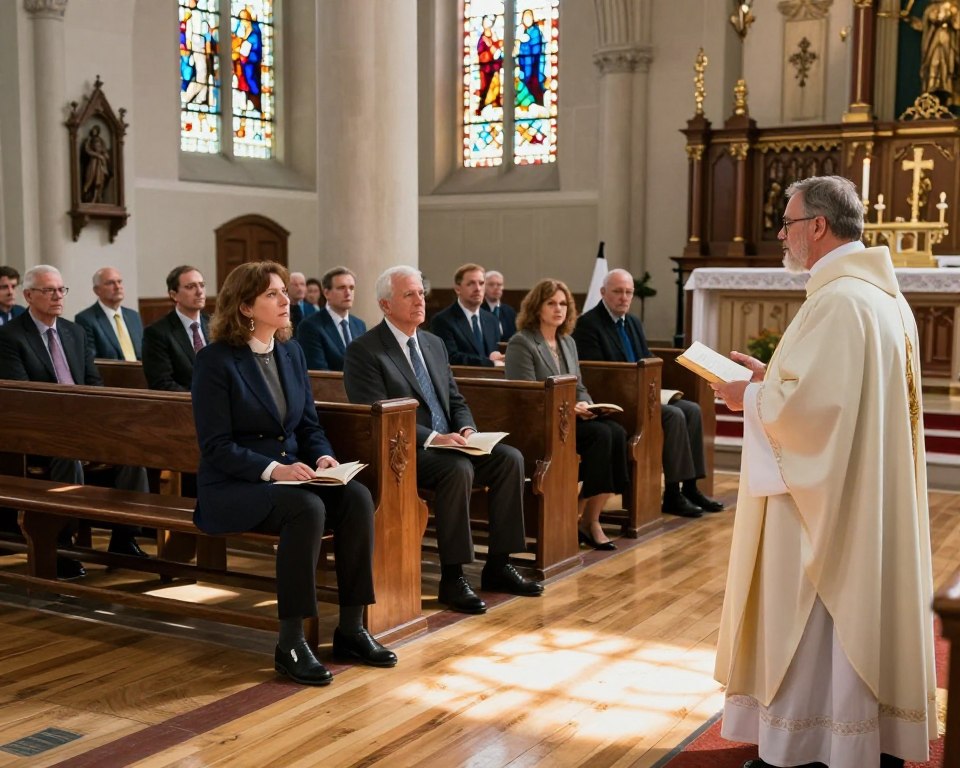 A solemn church interior during a Sunday mass service, focusing on a diverse group of attendees in professional attire, seated in pews with an air of quiet contemplation. In the foreground, a well-dressed man explains legal points to a woman who is attentively listening. The middle ground showcases rows of worshippers, some holding prayer books, in a softly lit, reverent atmosphere. Light streams through stained glass windows, casting colorful reflections on the wooden floors. The background reveals a beautifully adorned altar, reinforcing the sacred environment. The overall mood is respectful and insightful, highlighting the intersection of legal considerations and religious participation without any text or extraneous elements.