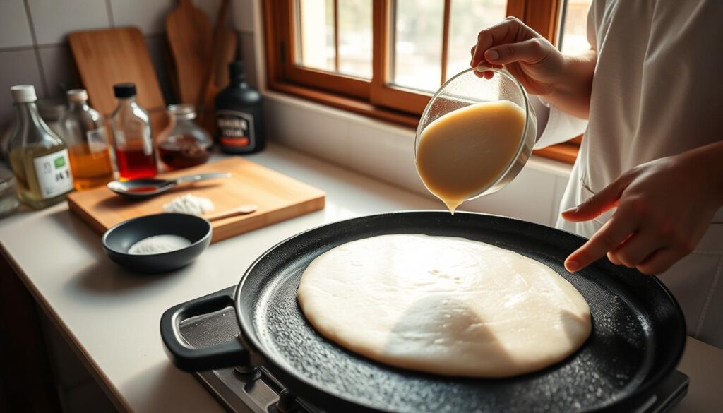 A spotlessly clean kitchen counter, bathed in warm, natural light filtering through a large window. On the counter, a wooden cutting board holds an array of familiar Japanese ingredients - soy sauce, mirin, rice vinegar, and a fluffy, round Japanese pancake batter, freshly mixed and ready for the pan. In the foreground, a pair of skilled hands meticulously pour the batter onto a well-seasoned cast-iron griddle, creating a perfect golden-brown circle. The scene exudes a sense of care, precision, and the comforting aroma of a time-honored recipe passed down through generations, ready to be shared with loved ones.