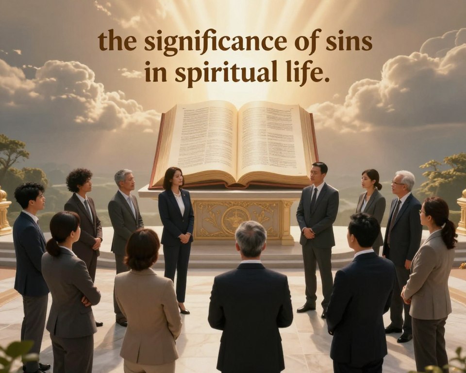 A symbolic representation of "the significance of sins in spiritual life." In the foreground, a group of diverse people, dressed in professional business attire, stand in a circle, appearing contemplative and engaged in discussion. The middle ground features an ornate altar or a large open book displaying philosophical texts, representing enlightenment and moral struggle. The background consists of a softly lit, ethereal landscape, with gentle rays of light breaking through clouds, symbolizing divine insight. The atmosphere is serene yet thought-provoking, evoking a sense of introspection and moral inquiry. Use warm, inviting lighting to create a reflective mood, shot from a slightly elevated angle to capture the depth of the scene.