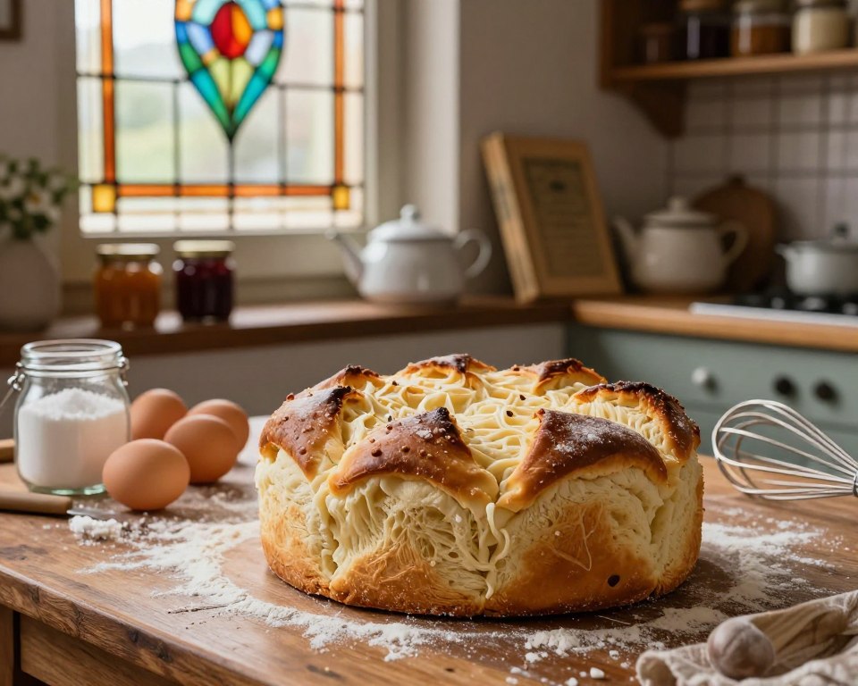 A traditional kitchen scene showcasing Sister Aniela's classic baking traditions. In the foreground, a beautifully baked babka made from egg whites sits elegantly on a rustic wooden table, highlighting its light and fluffy texture with a golden-brown crust. Scatter flour and baking ingredients around, such as sugar, eggs, and a whisk, suggesting the preparation process. In the middle ground, soft natural light filters through a stained glass window, casting colorful patterns across the scene, creating a warm and inviting atmosphere. Background elements include old-fashioned kitchenware, shelves lined with jars of homemade preserves, and vintage baking books, adding authenticity. The overall mood should evoke nostalgia and a sense of heritage, capturing the essence of cherished family traditions in baking. A traditional kitchen scene showcasing Sister Aniela's classic baking traditions. In the foreground, a beautifully baked babka made from egg whites sits elegantly on a rustic wooden table, highlighting its light and fluffy texture with a golden-brown crust. Scatter flour and baking ingredients around, such as sugar, eggs, and a whisk, suggesting the preparation process. In the middle ground, soft natural light filters through a stained glass window, casting colorful patterns across the scene, creating a warm and inviting atmosphere. Background elements include old-fashioned kitchenware, shelves lined with jars of homemade preserves, and vintage baking books, adding authenticity. The overall mood should evoke nostalgia and a sense of heritage, capturing the essence of cherished family traditions in baking.