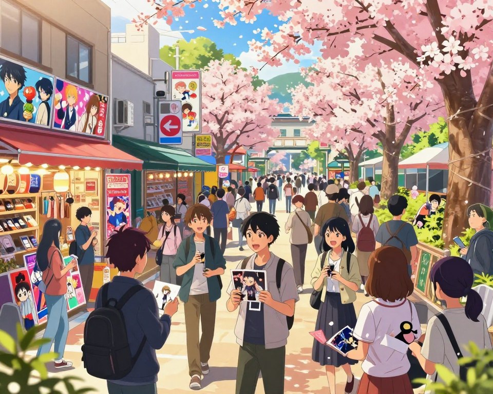 A vibrant and dynamic illustration capturing the cultural aspects of anime. Foreground: a diverse group of fans, dressed in modest casual clothing, animatedly discussing their favorite series, some holding merchandise like figurines and posters. Middle ground: a lively street scene filled with anime-themed shops and colorful posters adorning walls, showcasing popular characters from various genres. Background: a bustling park with cherry blossom trees, symbolizing Japanese culture, bathed in soft, golden afternoon light. The scene is bustling with energy, reflecting the enthusiasm and community surrounding anime. The mood is celebratory and inclusive, employing a slightly tilted angle to emphasize the vibrant atmosphere, inviting viewers into this cultural phenomenon.