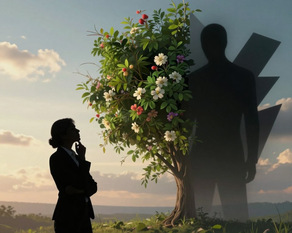 A visually striking composition illustrating the contrast between natural desire and moral judgment. In the foreground, a silhouette of a person, dressed in professional business attire, stands thoughtfully with their head tilted slightly, embodying contemplation. In the middle, two contrasting elements emerge: one side features lush greenery symbolizing natural attraction, with blooming flowers and soft, warm lighting, while the other side showcases a stark, shadowy figure representing guilt and temptation, set against a backdrop of darker tones and angular shapes. The background is a serene landscape blending the two sides, with soft clouds and a gentle gradient sky, creating a tranquil yet thought-provoking atmosphere. Use a slightly elevated angle to enhance the sense of depth. The overall mood is reflective and introspective, encouraging a dialogue on the theme of natural desire versus sinful impulses.